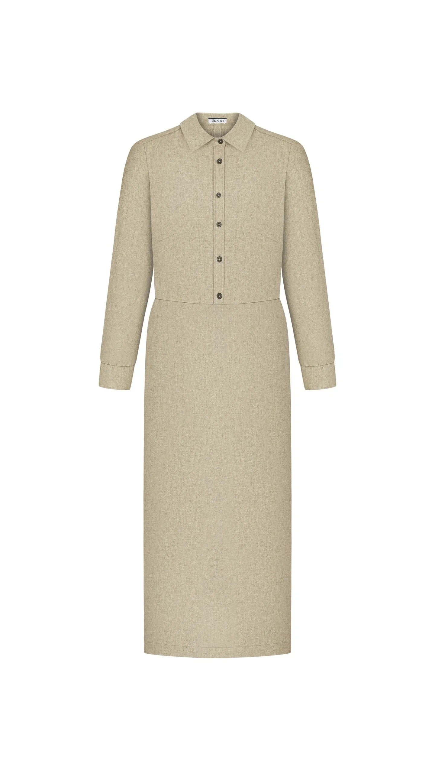 Бежева сукня максі з довгим рукавом на білому фоні — BOKO