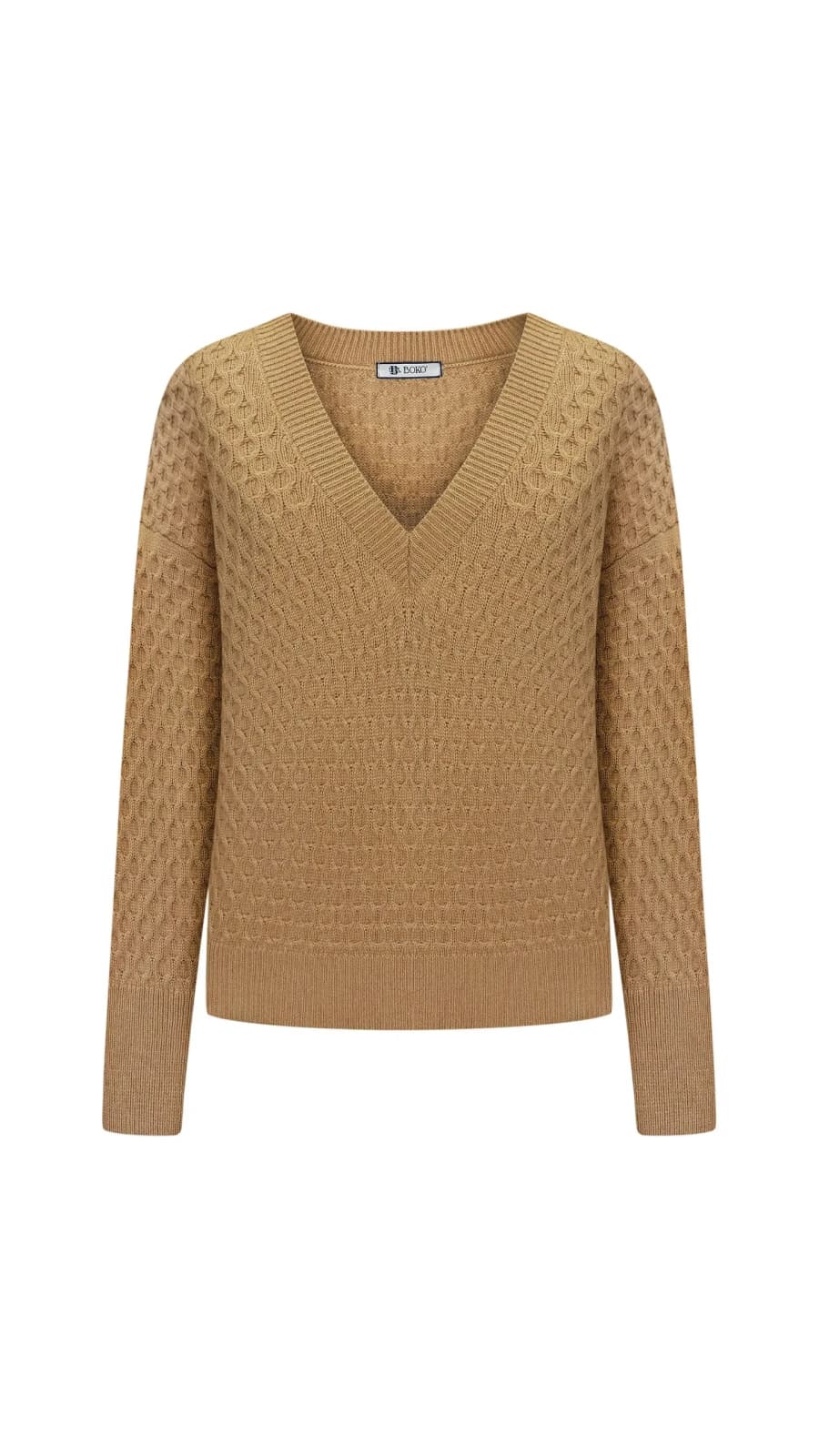 Карамельний трикотажний светр з V-подібним вирізом, вигляд спереду (зображення 1 з 2)