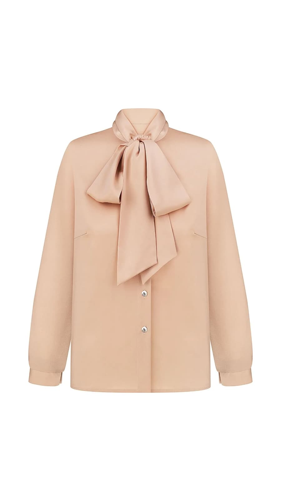 Бежева блуза з бантом на комірі, фронтальний вигляд на білому фоні. (зображення 1 з 8)